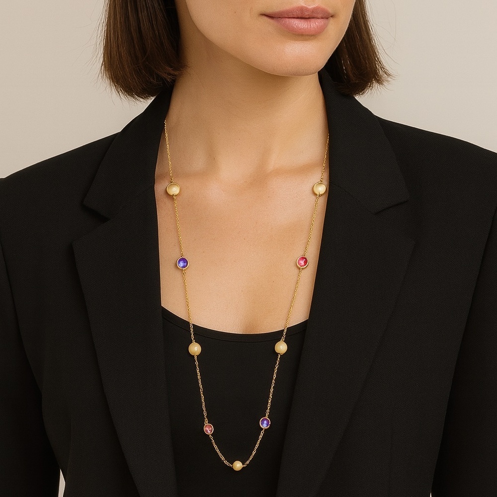 Gold Tone Necklace with Gold Beads & Multicolor Gemstones – 20" (NWOT)